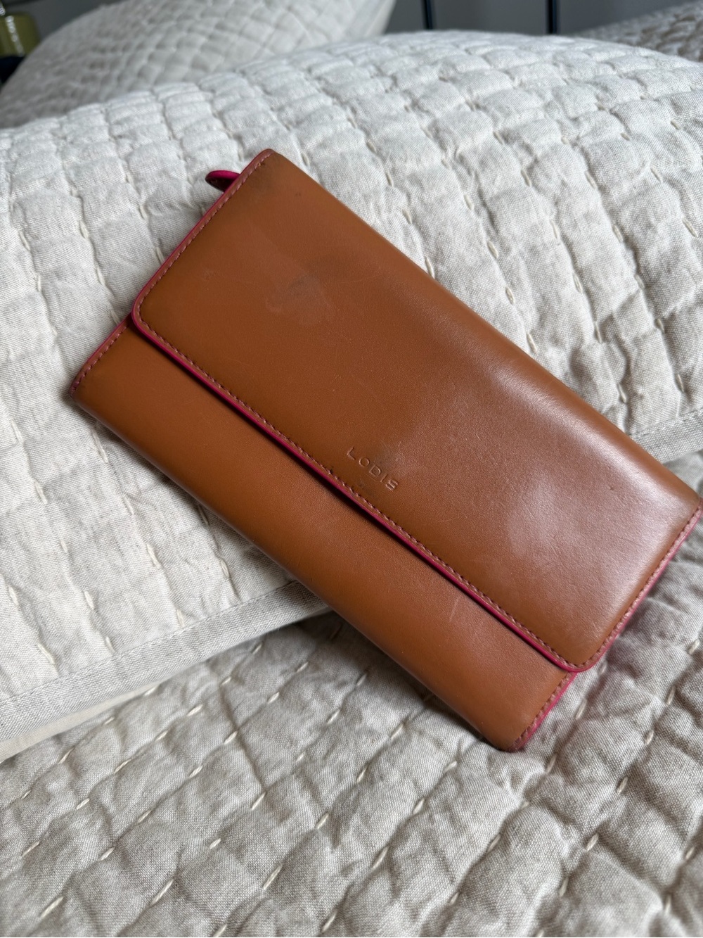 Lodis Tan Leather Wallet with Pink Trim 7.5x4.5